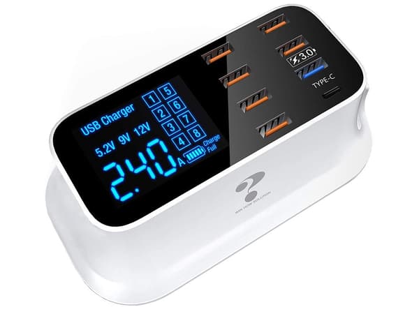 USB-oplader 8 porte med LED-display QC 3.0 + USB-C hvid