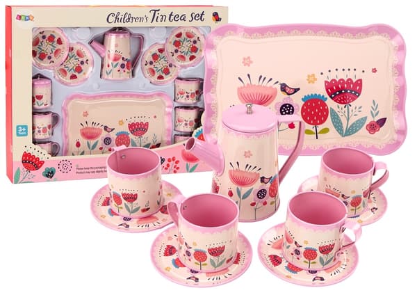 Kaffeservis leksak 12 delar rosa med bricka, tekanna och koppar 3+
