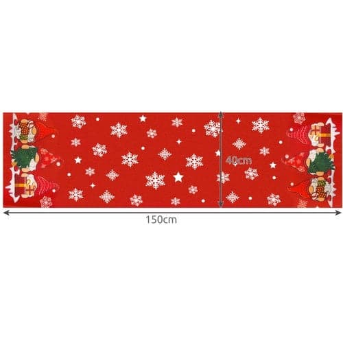 Julebordsløber 150x40 cm rød polyester med nisser og snefnug