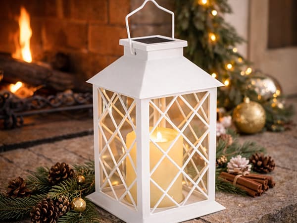 LED-lanterne med solcelle 28x14x14 cm hvid varmflakkende lys