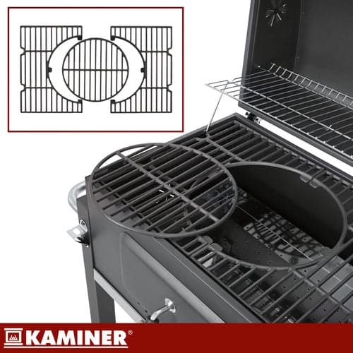 Kulgrill med låg og termometer 57x42 cm støbejernsgitter sort