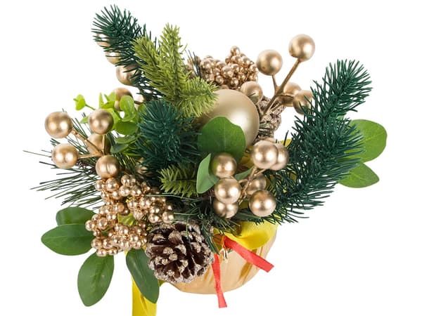 Jul bordsdekoration granris med kottar och gulddetaljer 20 cm