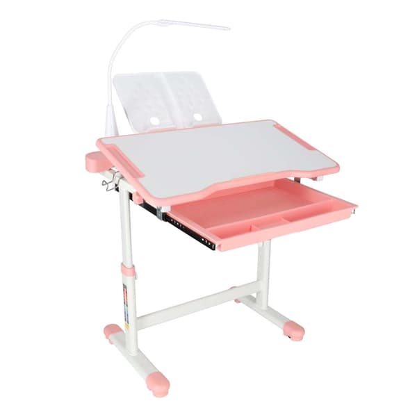 Justerbart barnskrivbord med stol och LED-lampa USB rosa/vit