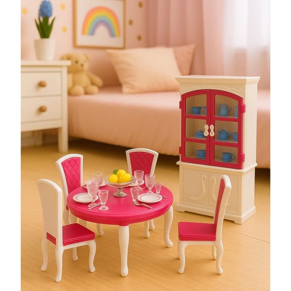 Matsalsmöbler dockor 29 cm bord stolar skåp porslin rosa/vit