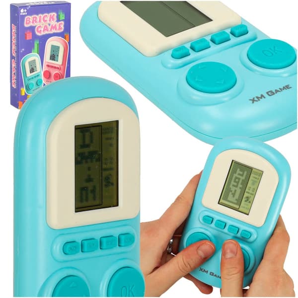 Portabel retro spelkonsol med fallande block, batteridriven, vit/blå