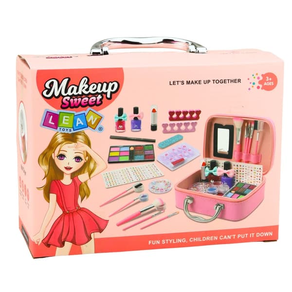 Makeup-sæt til børn i taske rosa med neglelak, øjenskygge & negltørrer