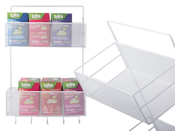 Väggorganiser metall 2 hyllor + 2 självhäftande krokar vit 42 cm