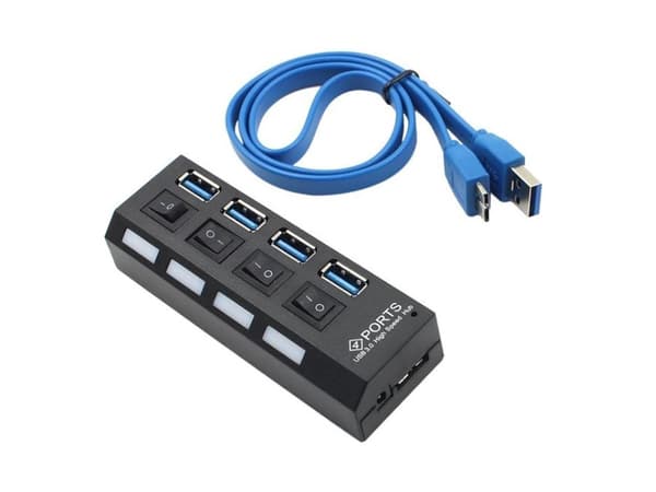 USB-hub 4-port USB 3.0 med ON/OFF-knapper sort 51,5 cm kabel