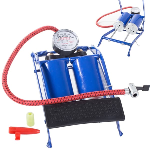 Jalkapumppu kaksoissylinterillä manometrilla 100 PSI/7 bar sis. 2 adapteria