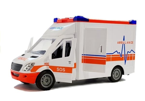 Legetøjsambulance 27 cm med båre, lyd & lys, friktionsdrev 3+