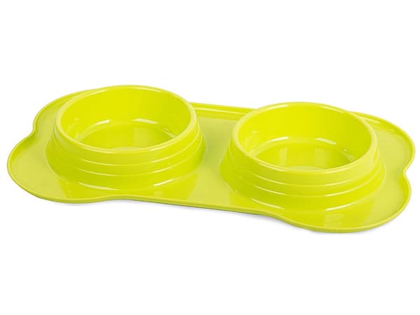 Dobbelt madskål hund/kat 2x400 ml plast grøn med skridsikre fødder