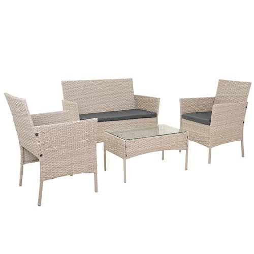 Utemöbelset technorattan beige 4 delar soffa 2 stolar bord glas