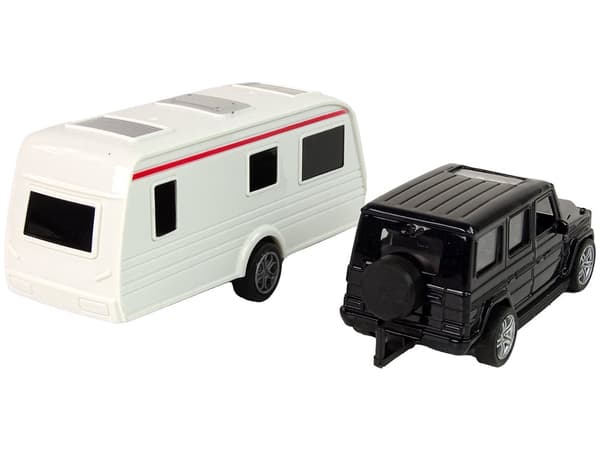 Leikkiauto ja asuntovaunu 2-osainen setti, pull-back, avattavat ovet
