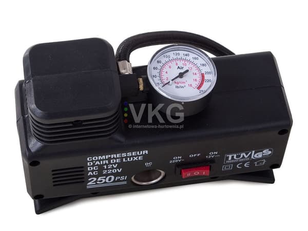 Luftkompressor 230V/12V 250 PSI med trykmåler og 3 mundstykker