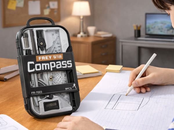 Geometriasetti 9 osaa kotelolla kompassi viivoitin kulmaviivain
