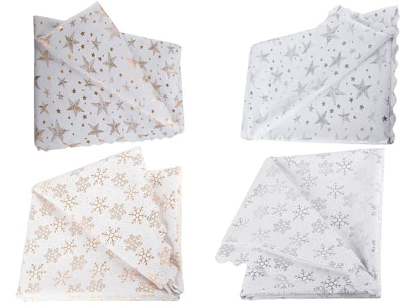 Juledug polyester hvid med stjerner/snefnug 140 x 220 cm