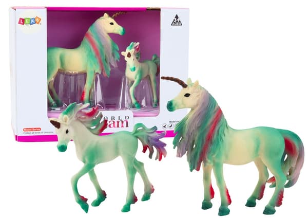 Enhörningsfigurer 2-pack grön vuxen + föl 12 cm/8 cm, CE EN71