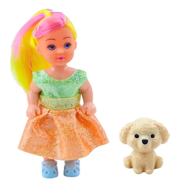 Mini-docka 12 cm med klänning och vit hund 3 cm, slumpad variant