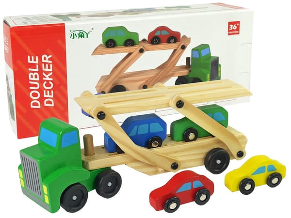 Træbiltransport med campingvogn og 3 biler grøn, 31 cm, 3+
