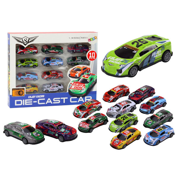 Legetøjsbiler pull-back 10-pak 1:64 racerbiler 8 cm, 3+ år