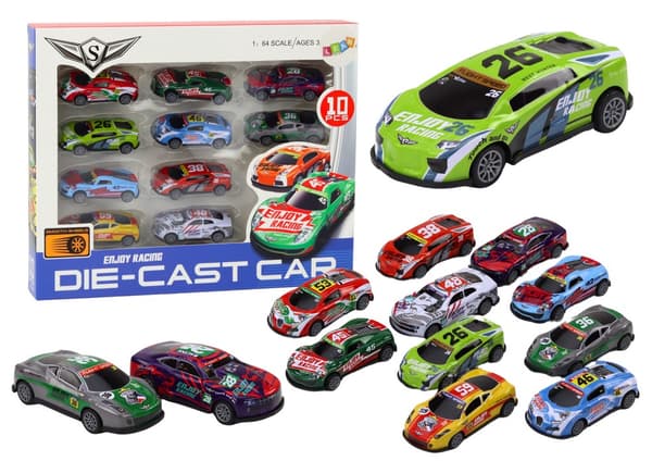 Vedettävät leikkiautot pull-back 10-pack 1:64 kilpa-autot 8 cm, 3+ vuotta