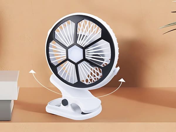 Genopladelig bordventilator med klemme og LED-lys 19 cm