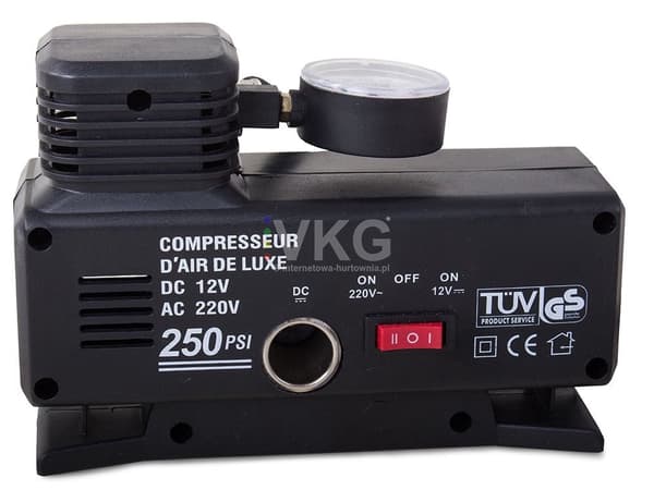 Luftkompressor 230V/12V 250 PSI med trykmåler og 3 mundstykker