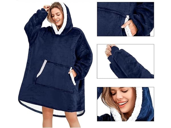 Fleece-trøje med hætte teddyfor one size unisex navy blue