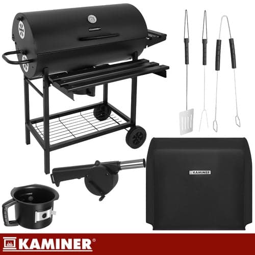Kulgrill med låg og termometer 108x67x96 cm sort med hjul