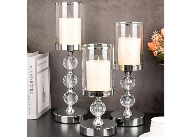 Lysestager 3-pak glas/krom med glaskugler, til cylinderlys/LED