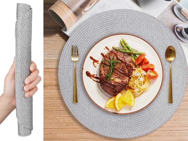 Pyöreä pöytätabletti muovia punottu harmaa Ø38 cm 1 kpl