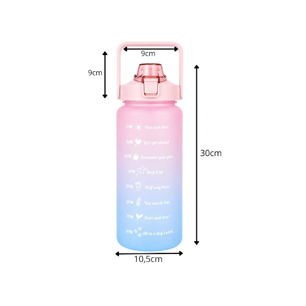 Vattenflaska 2 liter med sugrör och måttskala rosa/blå