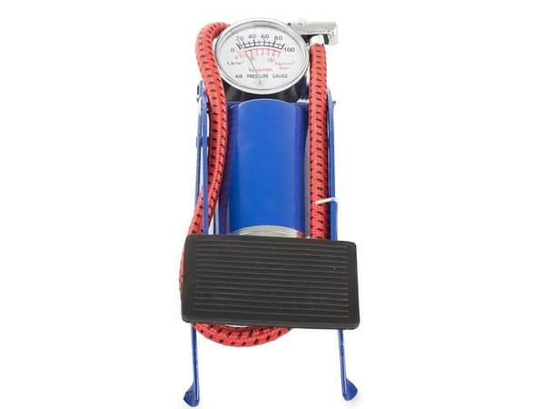 Fotpumpe med manometer 7 bar/100 PSI, 52 cm slang, 2 adaptrar