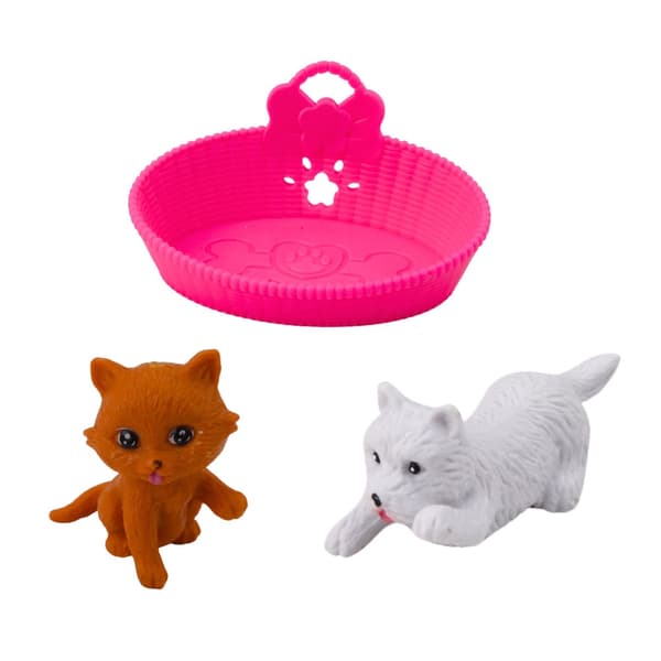 Mini-dukke 12 cm med hund og kat, tilbehør og dyreseng