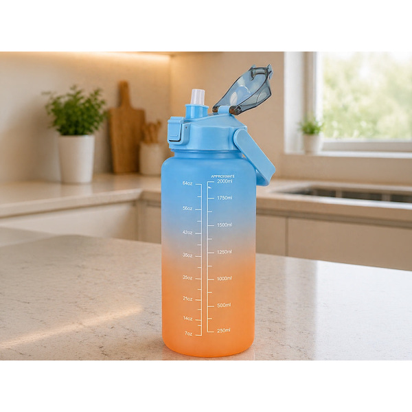Vattenflaska 2 liter med sugrör och måttskala blå/orange