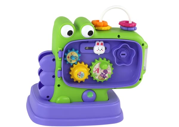Dinosaur-aktivitetspanel med Whac-a-Mole og formsorterer