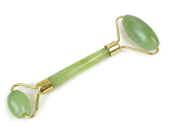 Jade roller ansigtsmassage i jadesten 2 ruller grøn-guld 14 cm