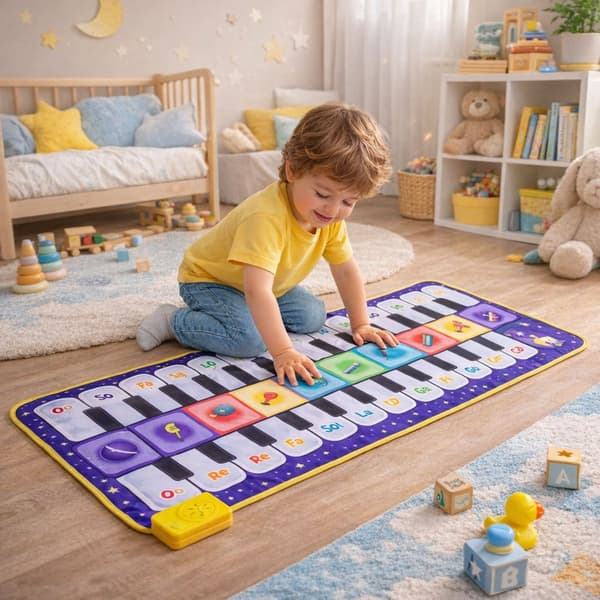 Musikmåtte dansemåtte piano rumtema 120x48 cm 20 knapper 8 instrumenter
