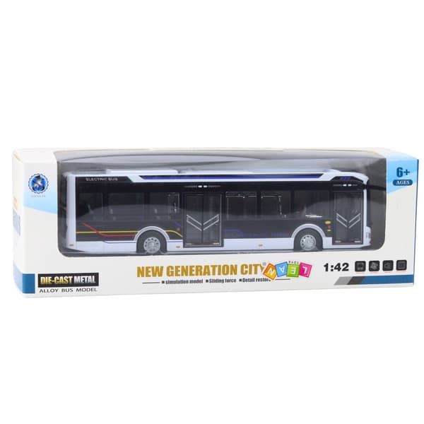 Metall stadsbuss legetøjsmodel 1:42 28,5 cm med lys/lyd 3+