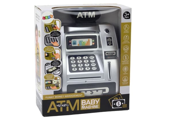 ATM sparegris med fingeraftrykslæser, kode, lyd/lys, sølv/sort
