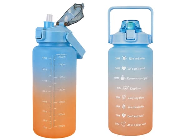Vandflaske 2 liter med sugerør og målskala blå/orange