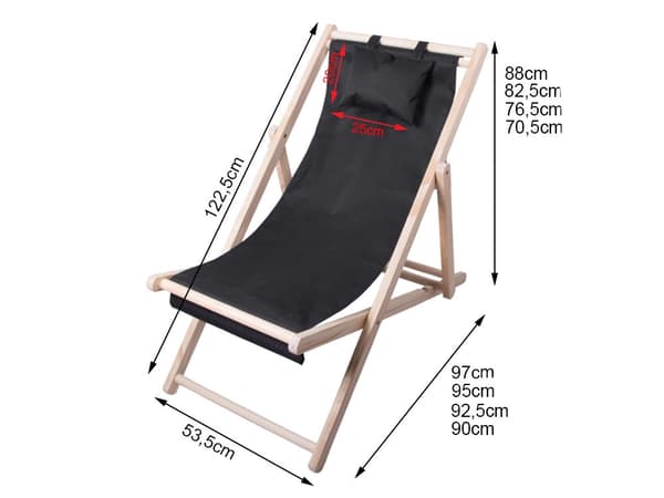 Foldbar solstol i træ med hynde og hovedpude 4 positioner 122 cm