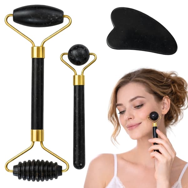 Ansiktsmassage-set jade 3-i-1 roller bollmassager Gua Sha svart