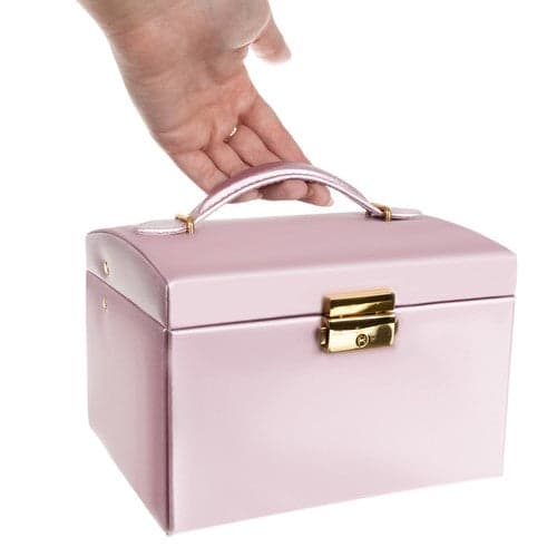 Smykkeskrin satin 20 rum låsbart med spejl nøgle rosa