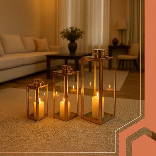 Lyktset 3-pack guld i glas/rostfritt stål för LED och värmeljus
