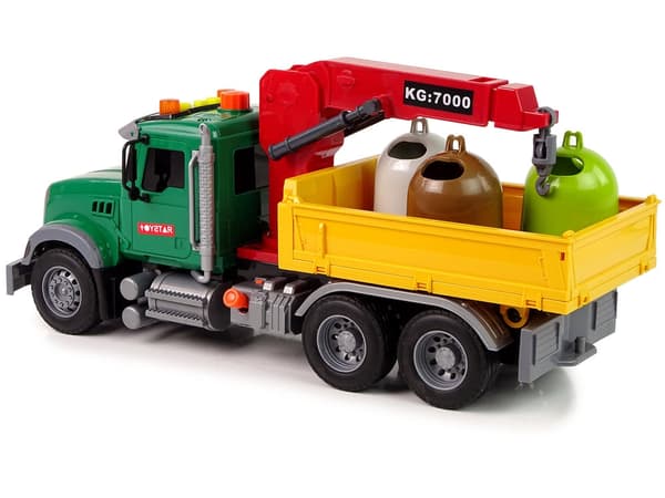 Leksakslastbil med kran och trailer, ljud/ljus, 3 avfallsbehållare