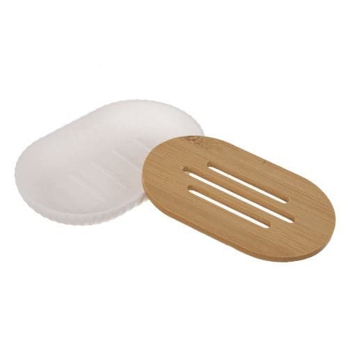 Badrumsaccessoarset 6-delar vit ribbad med bambudetaljer