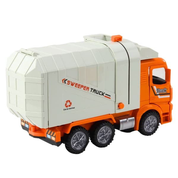 Legetøjs-skraldebil 28 cm med lys & lyd, bump-and-go, orange/hvid