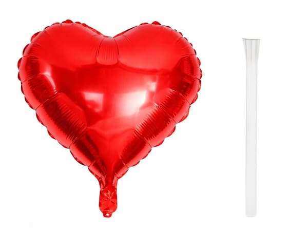 Hjerteformet folieballon rød 34x45 cm med sugerør, 1-pak