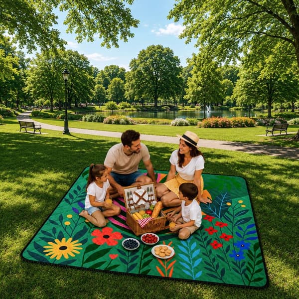 Picnictæppe 100 x 150 cm blomsterprint, foldbart med bærestrop